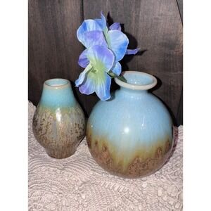 Pair‎ Ceramic Vases Blue Glaze Brown Drip Rustic Farmhouse Decor